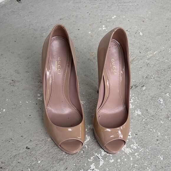 Gucci Shoes - Gucci patent leather nude peep toe heels